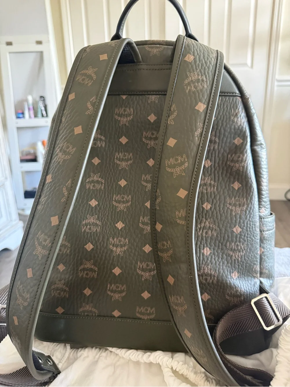 MCM Olive Monogram Backpack with Tan Logo Print
